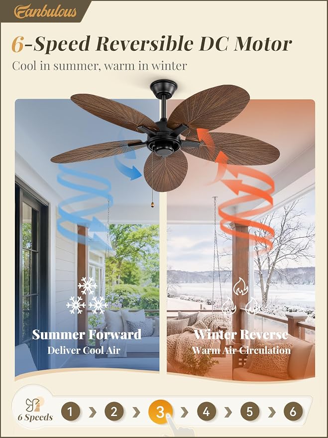 Fanbulous 52 Inch Ceiling Fan No Light, Remote & Pull Chain Tropical Fan With 6 Speeds, 3 Timers, DC Quiet Motor, 5 Palm Blade for Bedroom Living Room Covered Outdoor Patio Porch, Damp Rated, Brown