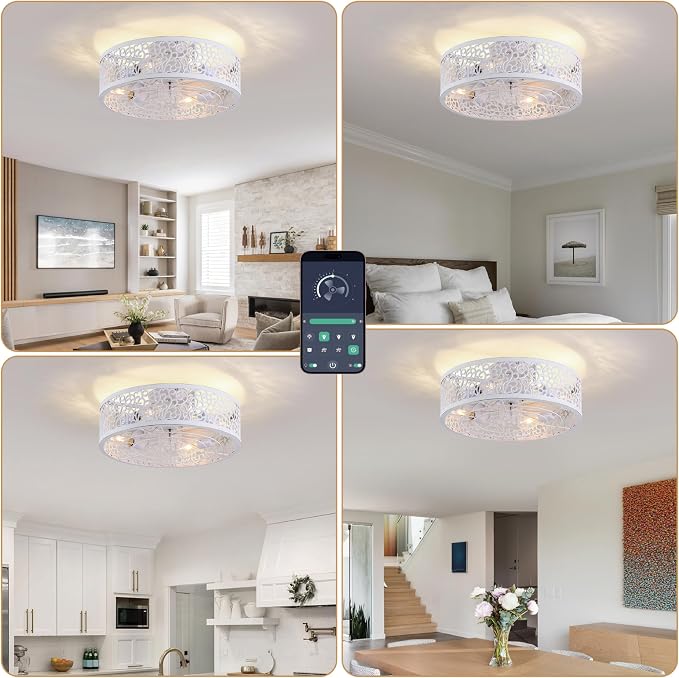 COCOSTAR Farmhouse Ceiling Fan with Light and Remote White Caged Fandelier | Smart Remote/APP,Low Profile,6 Speed,20in Small Flush Ceiling Light Fixture with Fan for Living Dining Kitchen Girls Bedroom