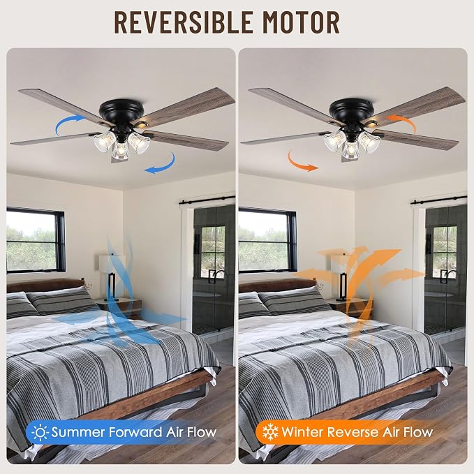 60'' Flush Mount Ceiling Fan with Light and Remote Control | 3 Clear Seeded Glass Light Fixtures,6 Speed Reversible DC Motor,Ceiling Fan with Light forCovered Porch Great Room Villa