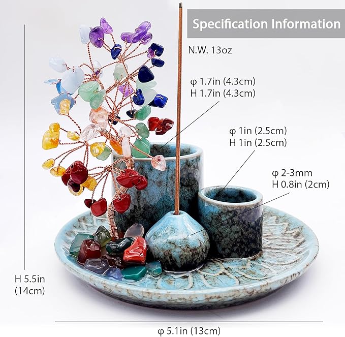 5 in 1 Incense Burner Holder with Crystal Healing Tree, Palo Santo Holder, Sage Holder, Incense Holder for Sticks/Cones/Candles, Ceramic Tray Ash Catcher for Burning Incense, Meditation Gift
