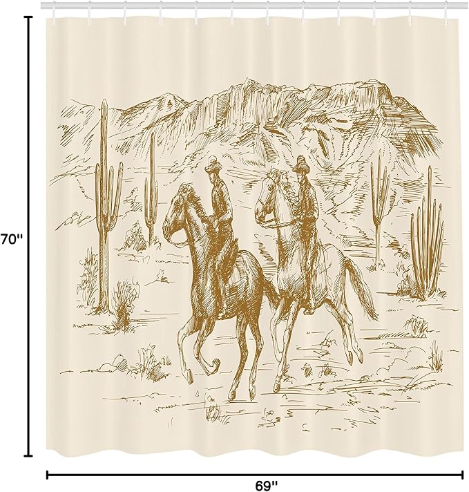 Ambesonne Western Shower Curtain, Country Theme Hand Drawn Illustration of American Wild West Desert with Cowboys, Cloth Fabric Bathroom Decor Set with Hooks, 69" W x 70" L, Pale Coffee