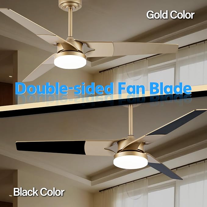 Ceiling Fan with Lights and Remote, 3 Blade App Control Timer Reversible Stepless Brightness and Color Temperature Outdoor Wood Ceiling Fan with Lights (Gold, 52 In)