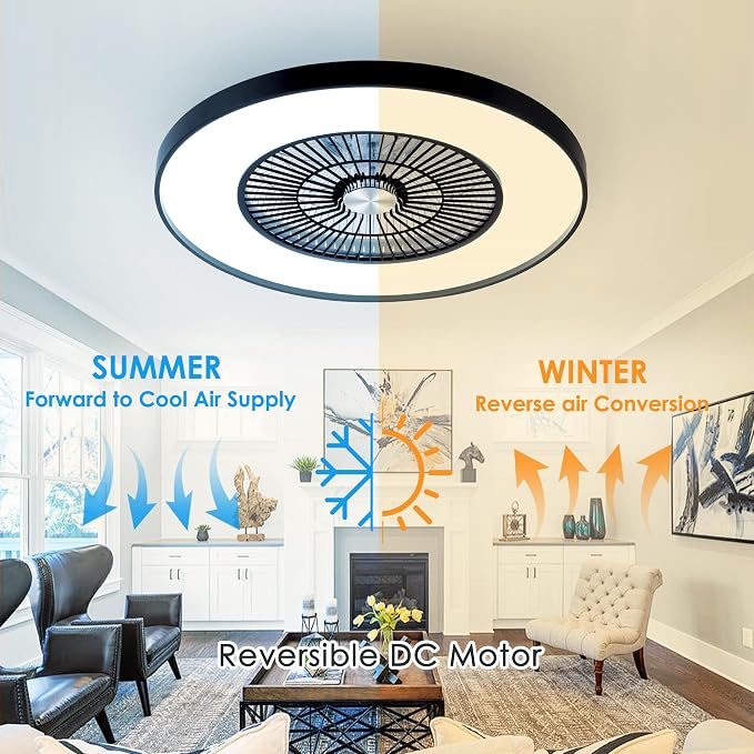 24" Bladeless Ceiling Fans with Lights and Remote/APP/Voice Control, Low Profile Ceiling Fan with RGB Lights, Enclosed Flush Mount Ceiling Fan for Kid's Bedroom/Living Room