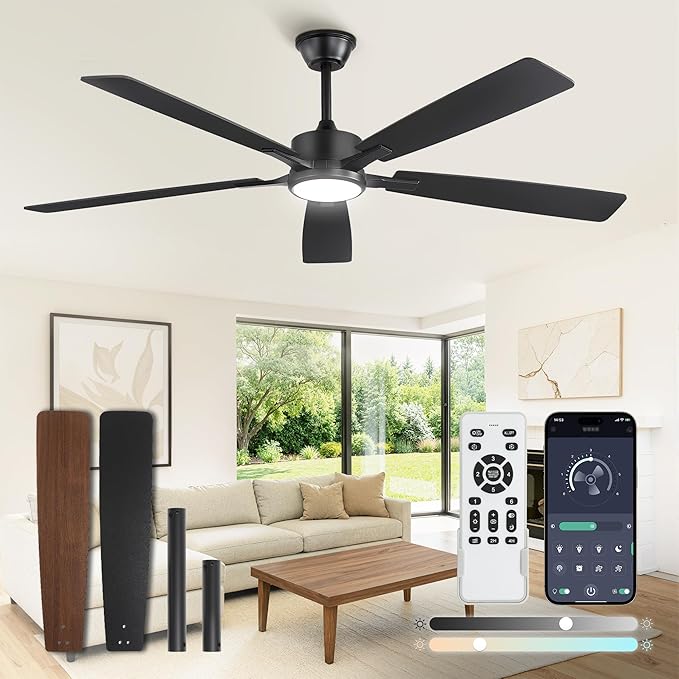 Fanbulous 60 Inch Ceiling Fans with Lights and Remote, Stepless Color Temperature Change & Dimmable 20W LED Ceiling Fan, 6 Speeds Reversible Quiet DC Motor for Bedroom, Living Room, Apartment,Black