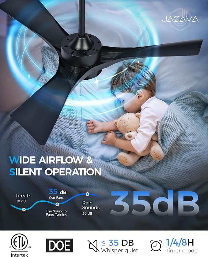 42 Inch Indoor Outdoor Ceiling Fan with Light and Remote, 3CCT Dimmable LED, Modern Black Ceiling Fan, Reversible Motor, Quiet 3-Blade Fan for Bedroom, Covered Patio, ZCCF08BK-42