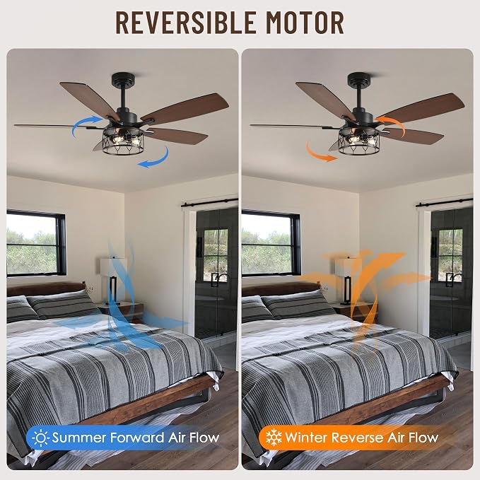 52'' Rustic Caged Ceiling Fan with Light and Remote Control | Reversible Quiet DC Motor,6 Speed,Timer Dual-Sided Wood Blades,Farmhouse Ceiling Fan for Living Room,Dining Room,Bedroom