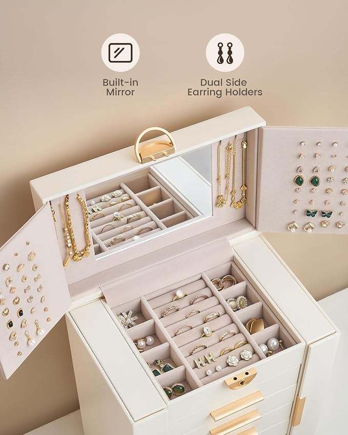 Lolalet Large Jewelry Box Organizer for Women, 6-Layer Jewelry Organizers and Storage Case with Mirror & 5 Drawers, Lockable Watch Ring Earring Bracelet Necklace Holder Girls Gift -6Layer, Beige