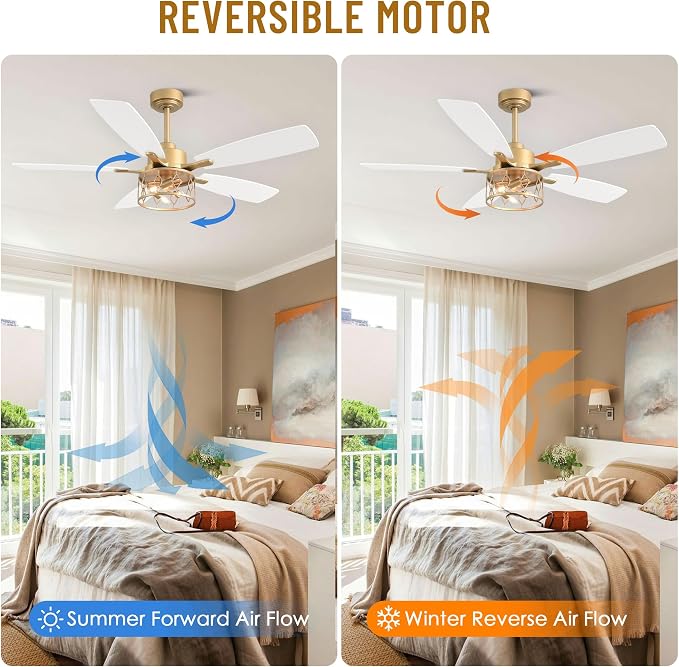 Farmhouse Caged Ceiling Fan with Light & Remote Control | Reversible Quiet DC Diamond Iron Cage Fan,6 Speed 1/2/4H Timer Dual-Sided Wood Blades with 2 Downrods for Living Room Bedroom