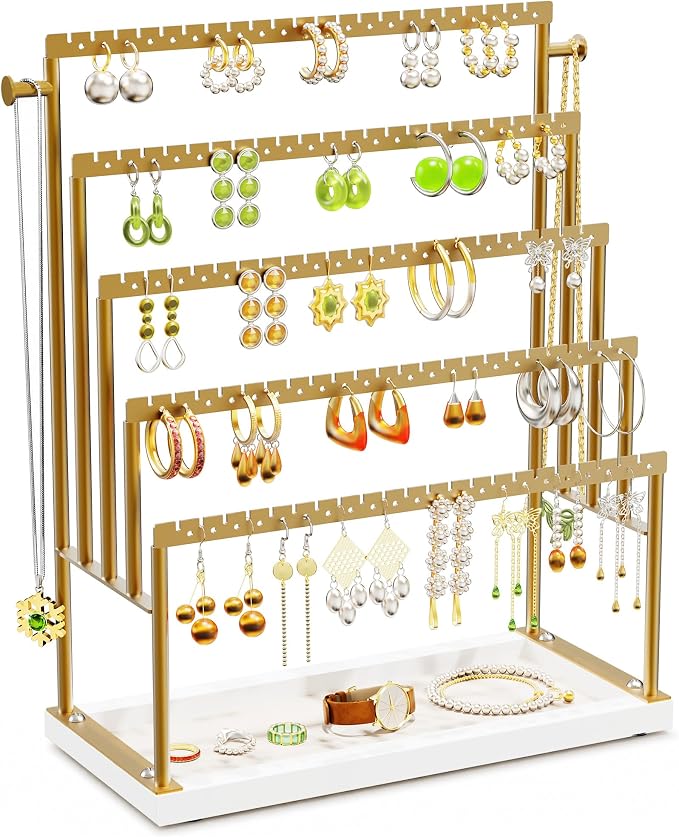 Large 5 Tier Earring Organizer and Holder, Gold | 100+ pair earring display, jewelry organizer stand, elegant gold finish, perfect for vanity décor and boutique displays