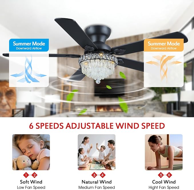 GJeg Crystal Ceiling Fan Fandelier with Lights-Ceiling Fans with Remote Control,Modern Ceiling Fan with Noiseless DC Reversible Motor,Dining Room,Living Room(52" Black)