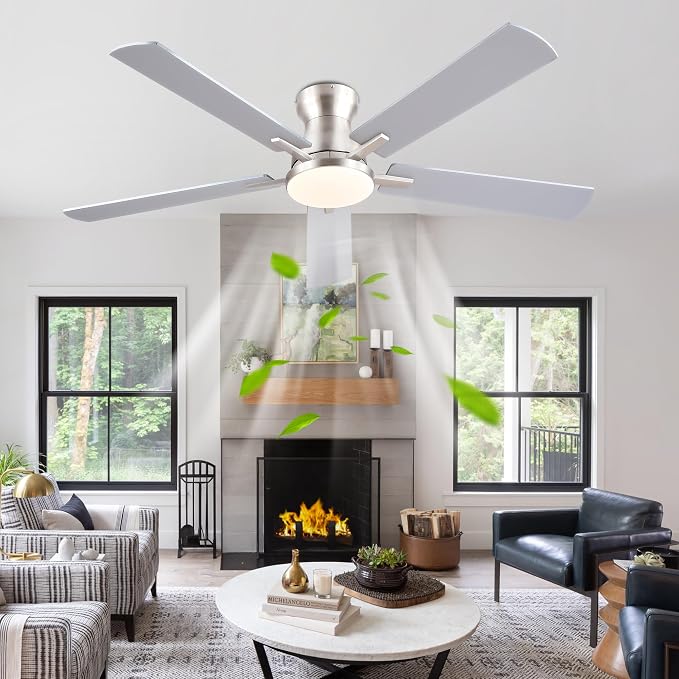 Ayaoty Ceiling Fans with Lights,52 Inch Low Profile Ceiling Fan with Light and Remote/APP Control-Flush Mount Dimmable, Quiet DC Motor for Outdoor Patio,Garage,Bedroom Nickel