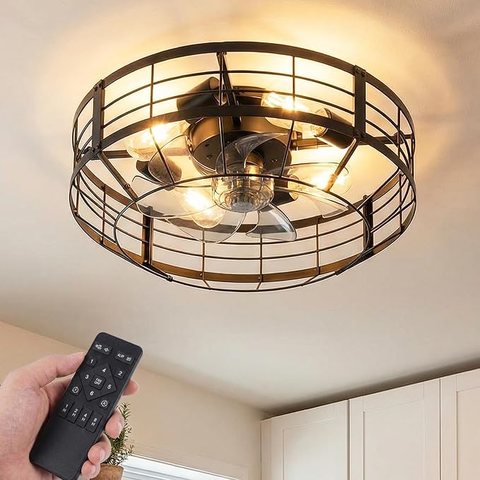 20 In Farmhouse Caged Ceiling Fan with Light and Remote, Bladeless Flush Mount Fan Lights Ceiling Fixtures, Need Assembly, 6 Speeds Reversible Motor Indooor Lights for House Kitchen, Bedroom, Black