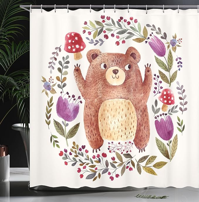 Ambesonne Watercolor Flower Shower Curtain, Illustration of Happy Little Bear in Frame of Flowers Mushrooms Wreath, Cloth Fabric Bathroom Decor Set with Hooks, 69" W x 84" L, Purple Green