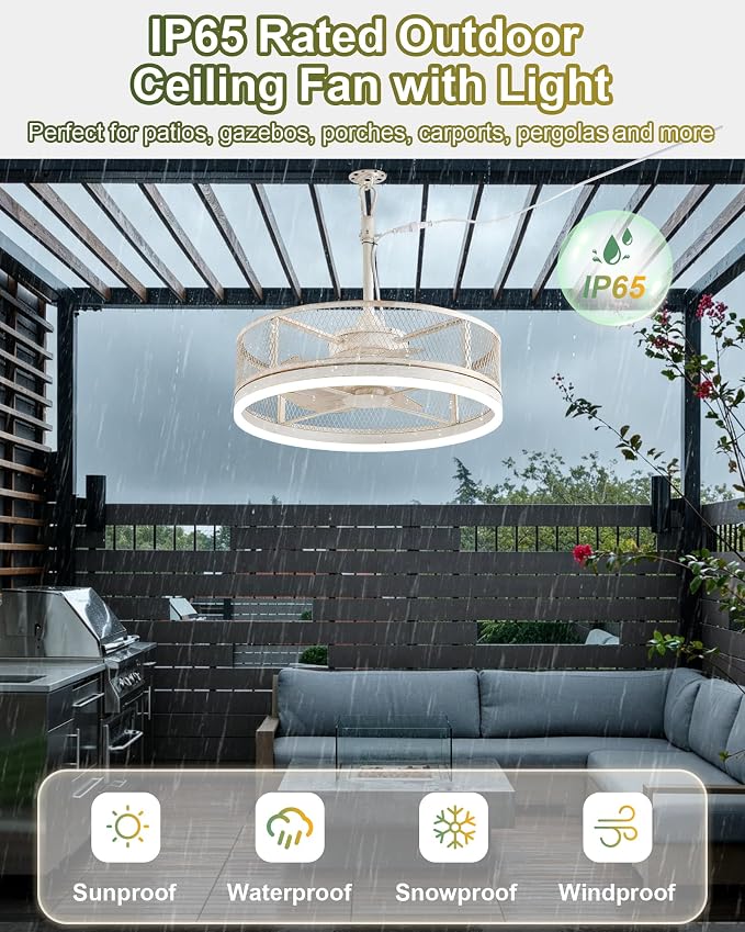 20'' Outdoor Ceiling Fan with Light, IP65 Waterproof Gazebo Hanging Fan, Remote Control, 3CCT, 6-Speed, Plug-in Caged Ceiling Fan for Patio Porch Pergola, Works with Alexa & Google Assistant