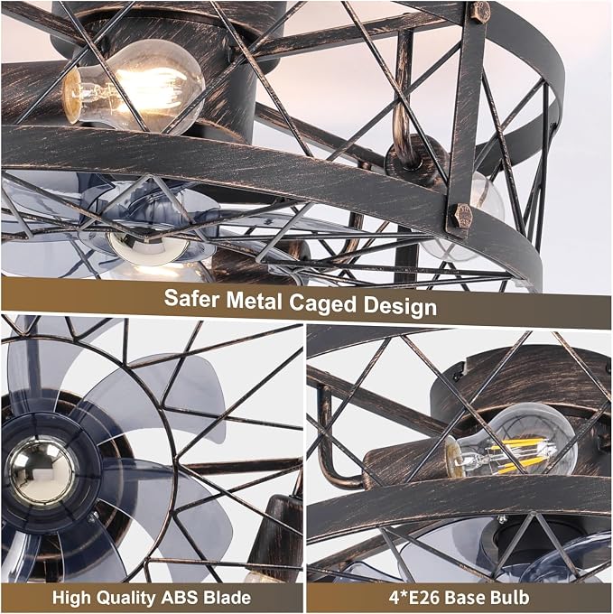 20" Farmhouse Flush Mount Caged Ceiling Fan with Lights and Remote, Rustic Low Profile Fandelier, Quiet 6 Speeds Reversible Enclosed Bladeless Small Ceiling Fans for Bedroom Living Room Kitchen
