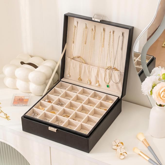 Frebeauty 50 Grid Earring Holder Organizer,2 Layer Jewelry Box for Women | Faux Leather,Velvet Lining,Adjustable Divider,Jewelry Organizer for Ring Necklace and Bracelet,for Home Use and Jewelry Store