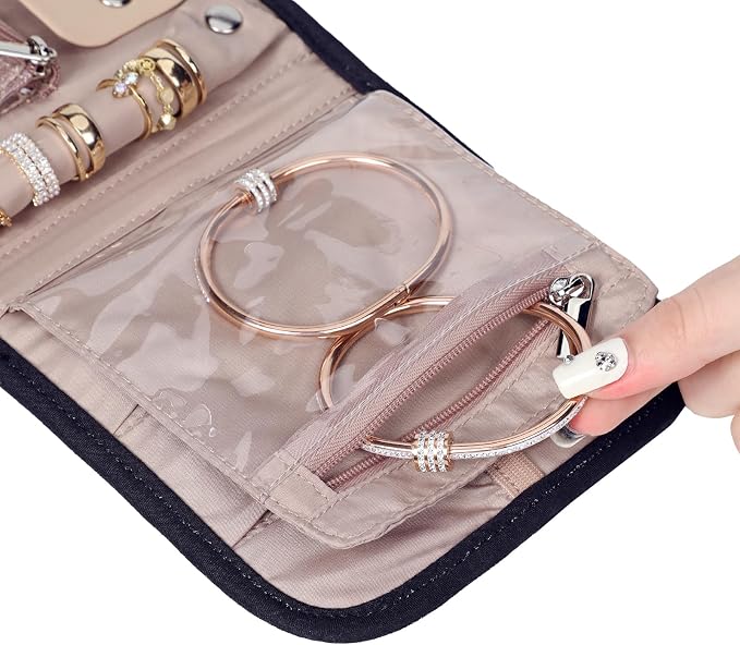 BELALIFE Travel Jewelry Case, Jewelry Organizer Roll for Accessories | Bag with foldable roll design for earrings, necklaces, rings, bracelets and brooches, Black
