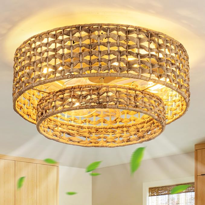 Boho Caged Ceiling Fan with Lights Flush Mount,Handwoven Layered Rattan Fandelier ceiling fan with Remote Control Reversible 6-Speed Enclosed Ceiling Fan Light for Bedroom Living Room Nursery E26