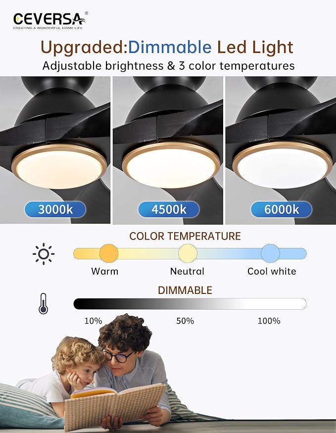 52 Inch Flush Mount Ceiling Fans with Lights and Remote,Black and Gold Low Profile Ceiling Fan with Light,Dimmable,Quiet Noiseless DC Motor for Patios,Living Room,Bedroom(Wall Control Switch)