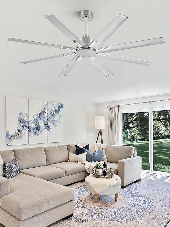 ZMISHIBO 65 Inch Industrial DC Motor Ceiling Fan, Large Ceiling Fan with 8 Reversible Blades, 3 Downrods, 6-Speed Remote Control, Home or Commercial Ceiling Fans for Porch/Garage/Shop, Nickel
