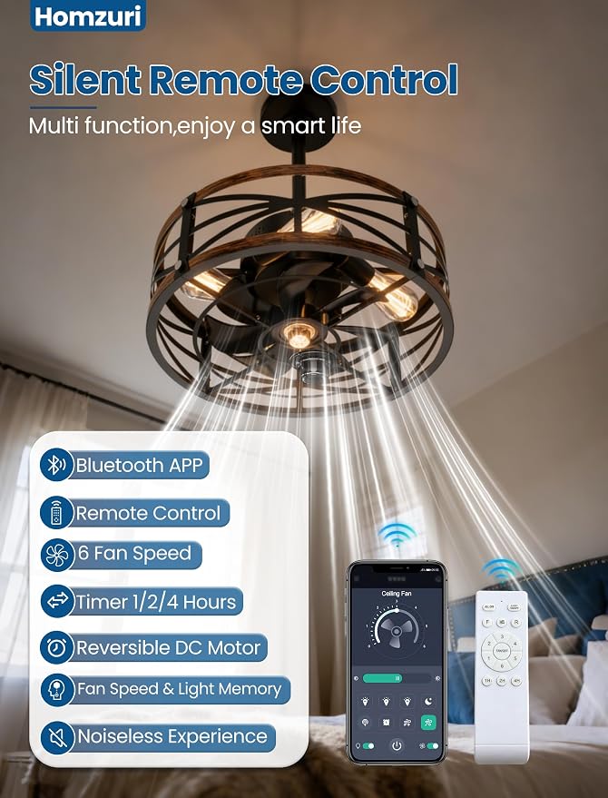 20" Caged Ceiling Fan with Light and Remote App Control, Rustic Round Downrod Mount Ceiling Fandelier Lights, 6 Speed and Reversible, Farmhouse Industrial Style for Bedroom, Kitchen