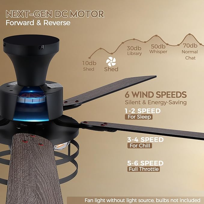 JSAITEE 52" Farmhouse Flush Mount Ceiling Fans with Lights, No Bulbs | Cage Fan Light with Dual-Sided Blades, 6 Speeds Reversible DC Motor, Rustic Low Profile Light for Bedroom, Living Room