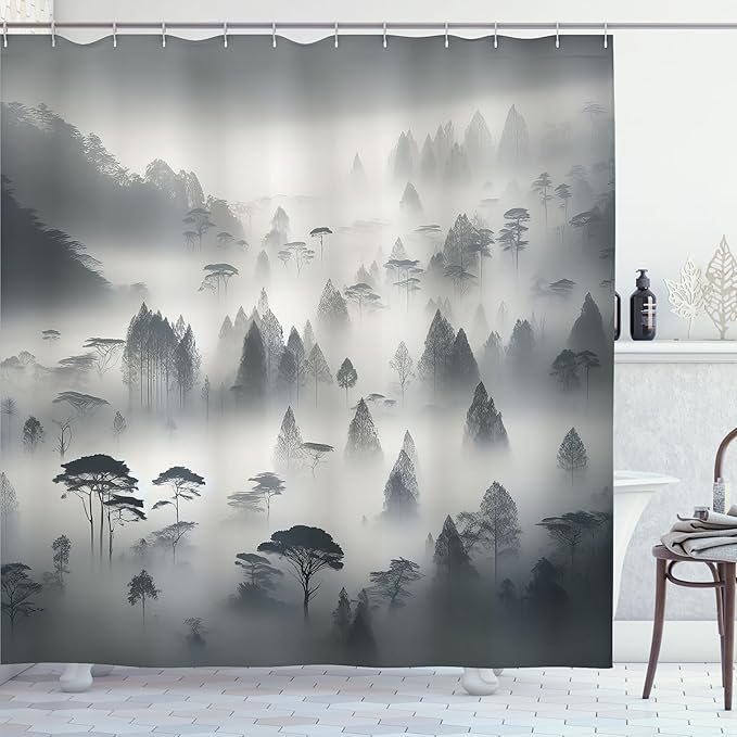 Ambesonne Grey Shower Curtain, Misty Woodland Scenario with Mountains and Trees Monochrome Autumnal, Cloth Fabric Bathroom Decor Set with Hooks, 69" W x 84" L, Dark Cadet Blue Off White