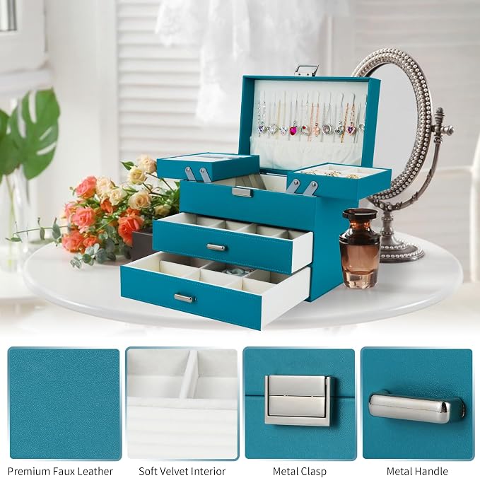 Dajasan Jewelry Organizer Box, Large Jewelry Boxes for Girls, Space-Saving 4 Layers Jewelry Storage Case with Drawer, Gift for Women, PU Leather, Movable Metal Stand, Modern (Blue)