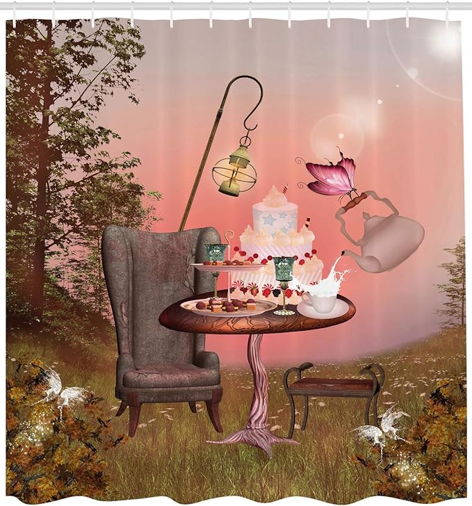 Ambesonne Surrealistic Shower Curtain, Birthday Alice in Wonderland with Cake Butterfly in Forest Cartoon Art, Cloth Fabric Bathroom Decor Set with Hooks, 69" W x 70" L, Pale Coral
