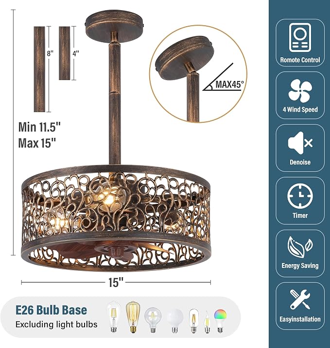 COCOSTAR Vintage Chandelier Ceiling Fan with Light: Bronze Caged Fandelier | Smart Remote/APP,Enclosed,Sloped Ceiling,15" Rustic Fan with Small Ceiling Fixtures for Kitchen Bedroom Living Dining Room