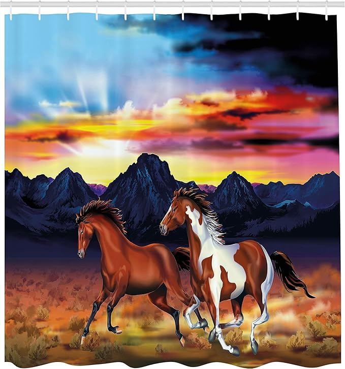 Ambesonne Western Shower Curtain, Running Wild Horses at Sunset Rustic Landscape Colorful Sky Illustration, Cloth Fabric Bathroom Decor Set with Hooks, 69" W x 75" L, Brown Blue