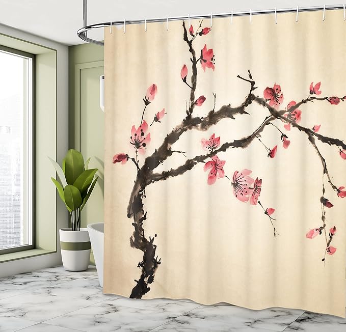 Ambesonne Japanese Shower Curtain, Traditional Chinese Paint of Figural Tree with Details Brushstroke Effects Print, Cloth Fabric Bathroom Decor Set with Hooks, 69" W x 75" L, Brown Pink