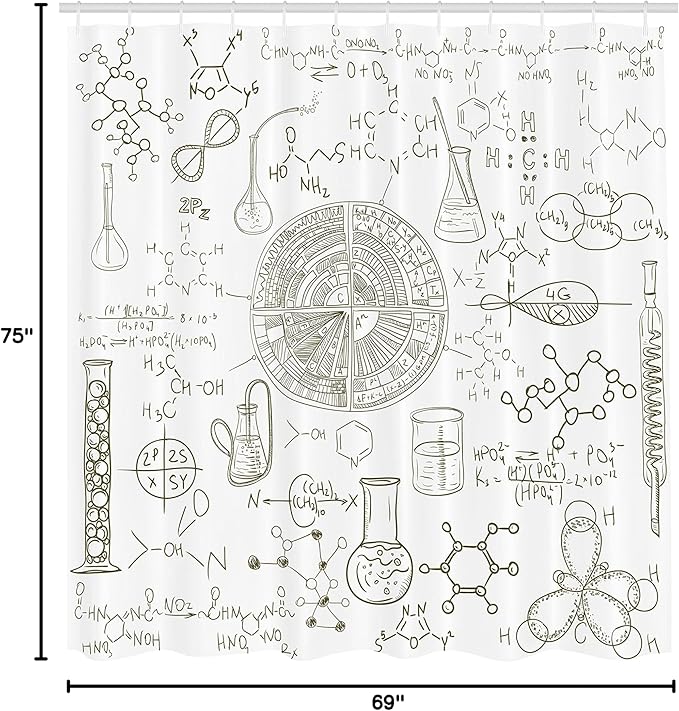 Ambesonne Science Shower Curtain, Science Theme Hand Drawn Style Chemistry Laboratory Illustration, Cloth Fabric Bathroom Decor Set with Hooks, 69" W x 75" L, White Umber