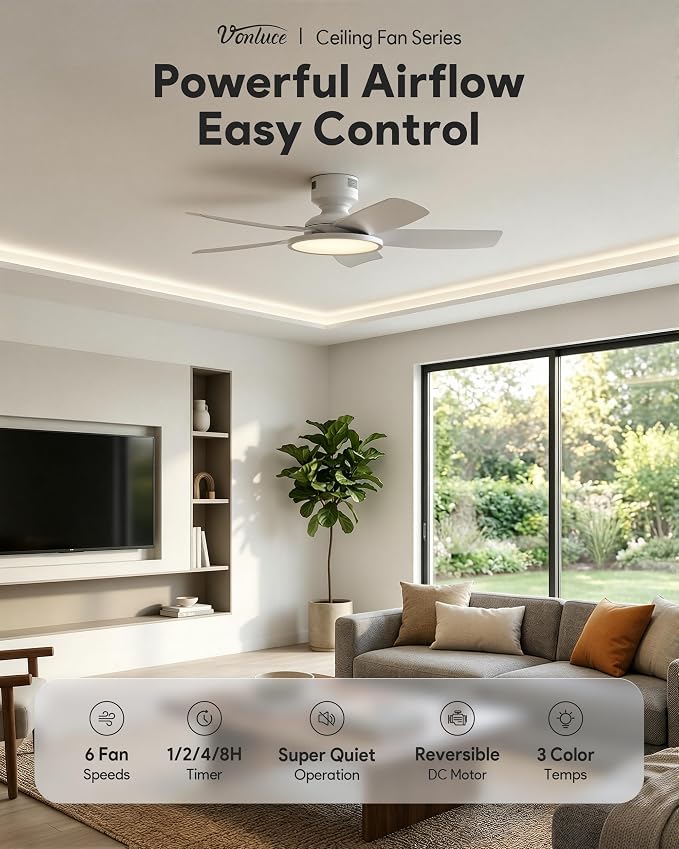 VONLUCE 42 Inch Ceiling Fan with Lights, Quick Install Ceiling Fan and Remote, 6-Speeds Noiseless Reversible DC Motor, 3CCT, Modern Ceiling Fan for Bedroom Living Room Kitchen, White