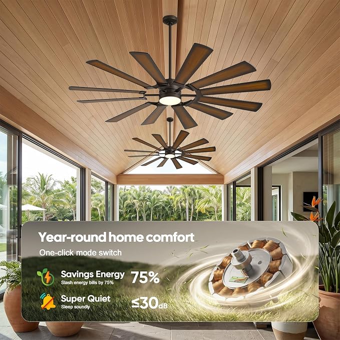 72 Inch Outdoor Wind Mill Ceiling Fan with Light, High 8095 CFM Damp Rated for Rustic Farmhouse Large Patios Bedroom Living Room,12 Walnut/Walnut Shadowed Reversible Blades Quiet DC Motor with Remote