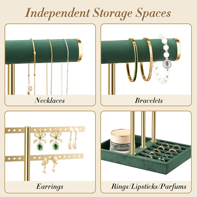 Jewelry Organizer Stand for Necklaces, Bracelets, Earrings, Rings, Green | 3 Tier Velvet Bracelet Holder Display | Jewelry Organizers and Storage | Jewelry Tree | Jewelry Towers