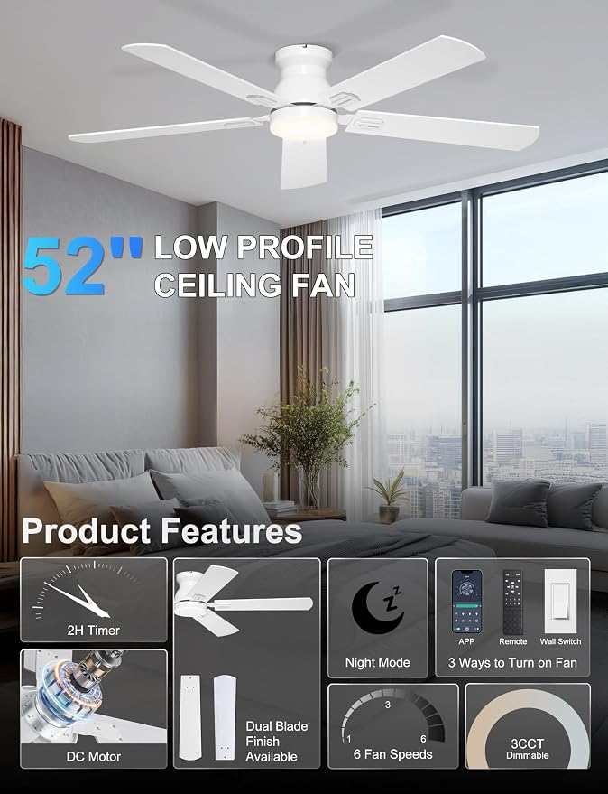 52'' Low Profile Ceiling Fan with Lights for Bedroom, Living Room | App/Remote Control, Flush Mount, Space-Saving, Quiet DC Motor, 3CCT Dimmable, 6 Speeds Modern Overhead Fan for Low Ceilings