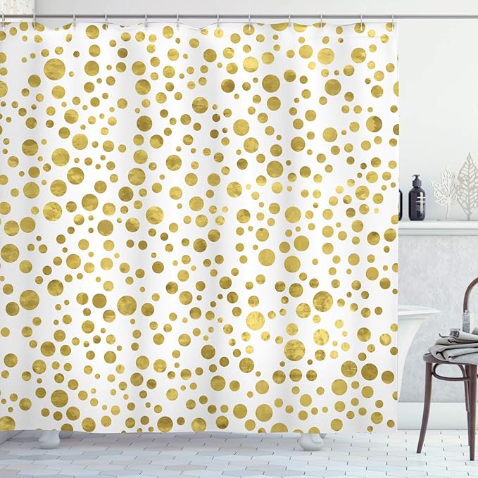 Ambesonne Polka Dots Shower Curtain, Asymmetric Illustration of Round Speckled Forms Irregular Layout Vintage Style 20s Print, Cloth Fabric Bathroom Decor Set with Hooks, 69" W x 84" L, White Yellow