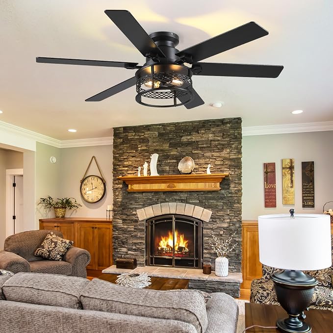 Hounberi 52" Farmhouse Ceiling Fans with Lights and Remote, Industrial Black Flush Mount Ceiling Fan with 6 Double-Sided Blades, 6 Speed Reversible Motor, Caged Rustic Ceiling Fans for Living Room