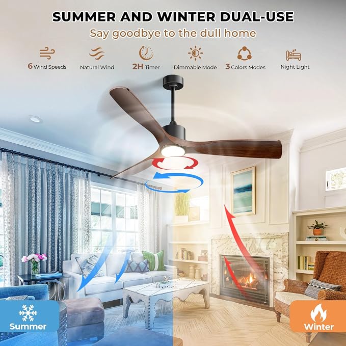 Ceiling Fans with Lights, Ceiling Fans with Lights and Remote, 60 inch Modern Smart Ceiling Fan with Light, Outdoor Ceiling Fans for Patios 3 Blade Bedroom Living Room Porch(Dark Walnut)