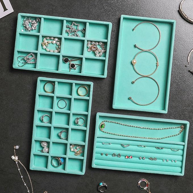 Frebeauty Jewelry Trays for Drawer,Set of 6 Jewelry Organizer and Storage | Velvet Material,Earring Holder Organizer,Stackable Jewelry Display for Vanity,Drawer Inserts for Rings,Studs,8.3×4.9 inch