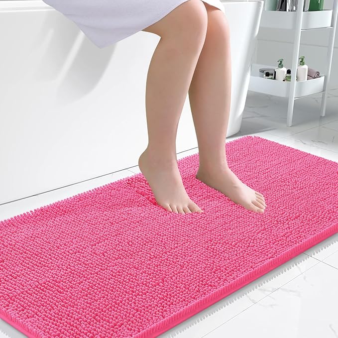 OLANLY Large Bathroom Rugs 45x27, Extra Soft Absorbent Chenille Bath Rugs, Rubber Backing Quick Dry, Machine Washable Bath Mats for Bathroom Floor, Tub and Shower, Home Decor Accessories, Hot Pink