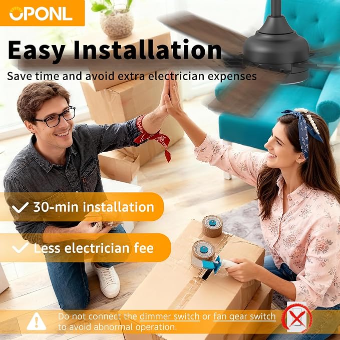 OPONL Ceiling Fan with Light, Ceiling fan with Light and Remote Control, Reversible, 6CCT, Dimmable, Noiseless, Ceiling Fan for Bedroom, Indoor/Outdoor Use, Black, 52 inch, Modern
