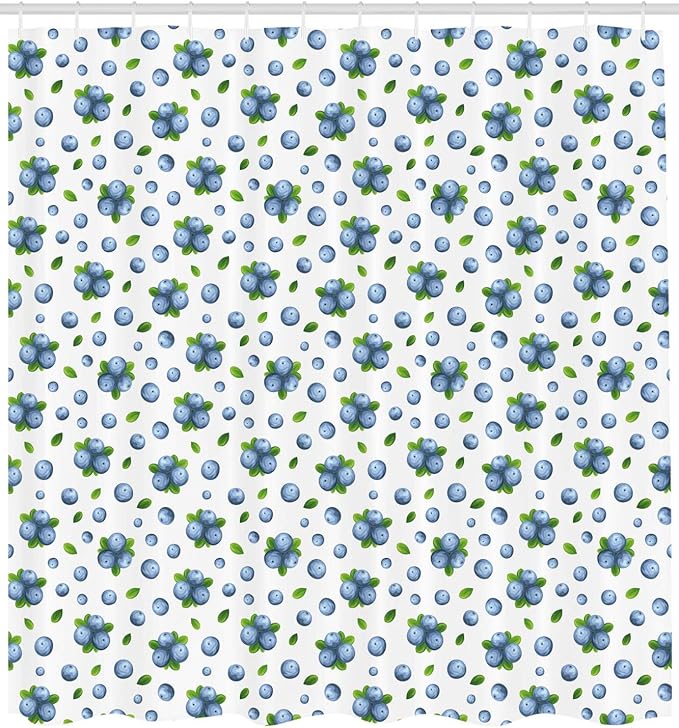 Ambesonne Fruit Shower Curtain, Fresh Blueberries Ripe Juicy Fruits Summer Organics Food Painting Art Style, Cloth Fabric Bathroom Decor Set with Hooks, 69" W x 70" L, Green White