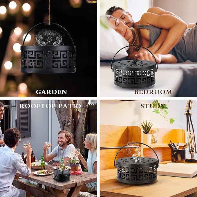 Lallisa 4 Pieces Mosquito Coil Holder Incense Coil Holder Round Retro Portable Metal Hanging Incense Burner with Handle for Home Camping Indoor Outdoor Patio(Black)