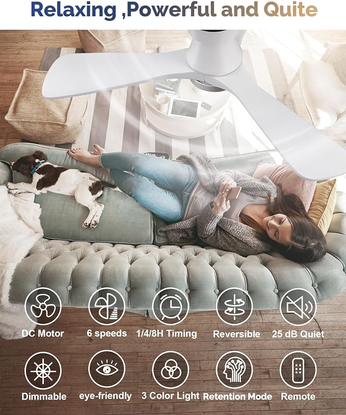 42-Inch White Ceiling Fans with Lights, Remote Control, Flush Mount, Dimmable, Reversible, Wood Blades, Power-Off Memory, Quiet DC Motor – Modern Hugger Ceiling Fan for Indoor Outdoor White
