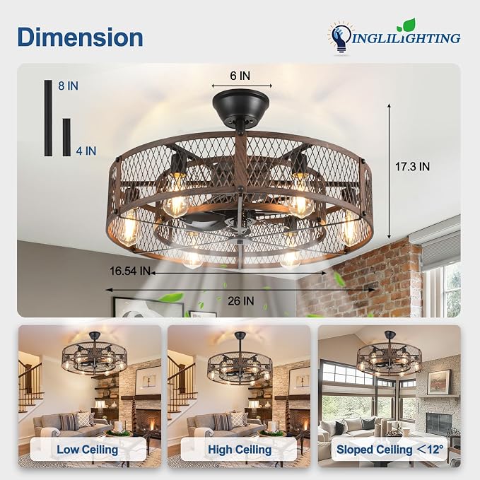 DLLT Caged Ceiling Fan with Lights: 26" Bladeless Fandelier with Light and Remote - Walnut Industrial Chandelier Fan Light for Bedroom Living Dining Room Kitchen