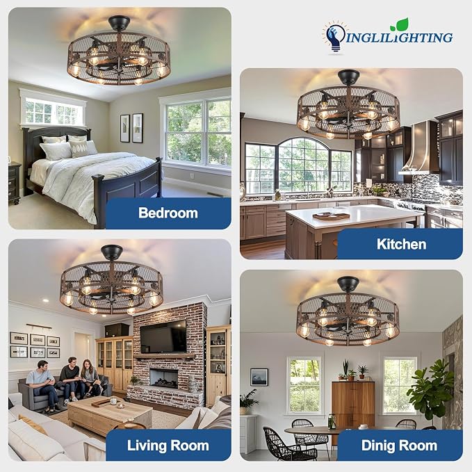 DLLT Caged Ceiling Fan with Lights: 26" Bladeless Fandelier with Light and Remote - Walnut Industrial Chandelier Fan Light for Bedroom Living Dining Room Kitchen