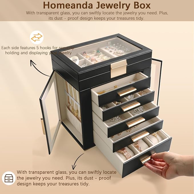 Homeanda 6-Layer Jewelry Boxes for Women, Large PU Leather Storage Organizer with 5 Drawers Glass Lid Case for Rings Necklaces Earrings Bracelets Watches, Gift for Wife and Girls (Black)