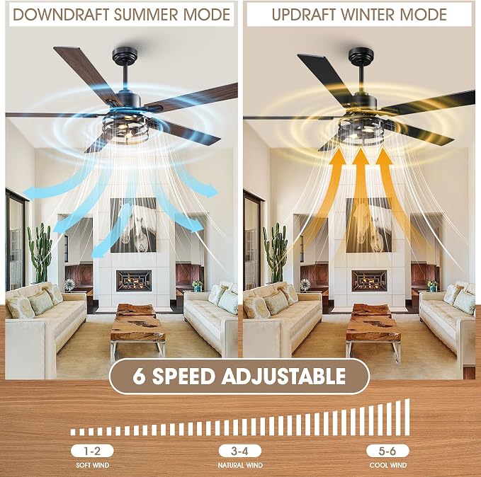 60" Farmhouse Ceiling Fans with Lights, Large Ceiling Fan with Remote for Living Room,5 Dual Finish Blades, 6 Speeds Adjustable & Reversible DC Motor, Rustic Ceiling Fan for Living Room & Bedroom